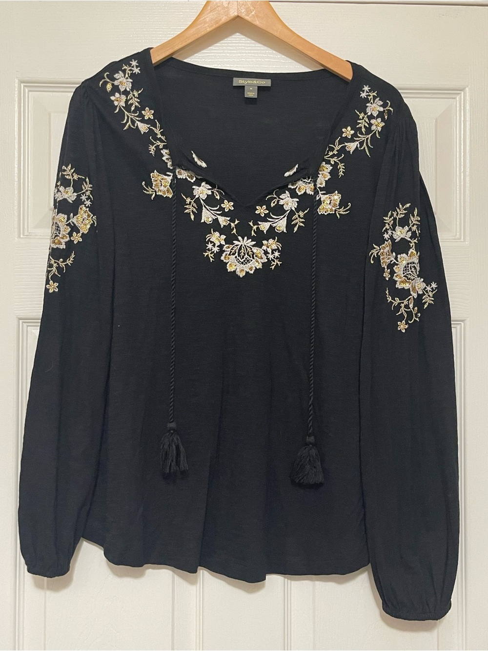 Black Embroidered Peasant Top with Tassel Ties